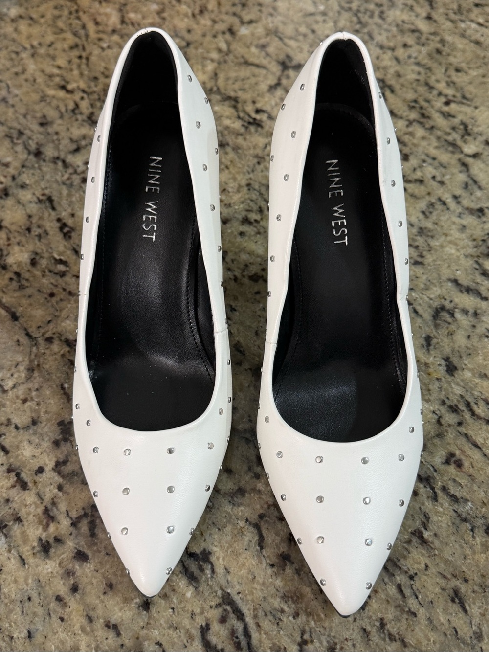 Nine West White Pointed Studded Pumps with Black Insole